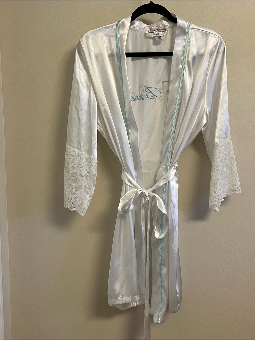 Bridal Robe Satin Lace Sleeve Belted Kimono White Size L XL Linea Donatella